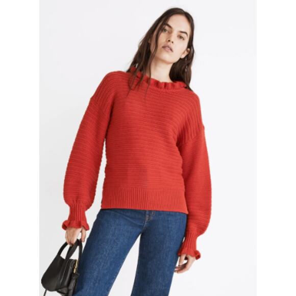 Madewell SZ L Ruffle-Neck Pullover Sweater in Cotton-Merino Yarn Color: Knit Red - Picture 1 of 5